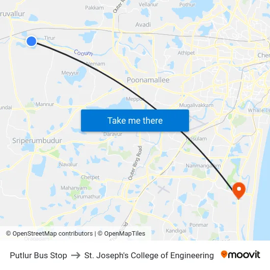Putlur Bus Stop to St. Joseph's College of Engineering map