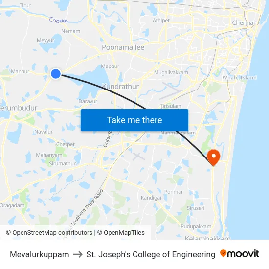 Mevalurkuppam to St. Joseph's College of Engineering map