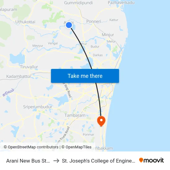 Arani New Bus Stand to St. Joseph's College of Engineering map