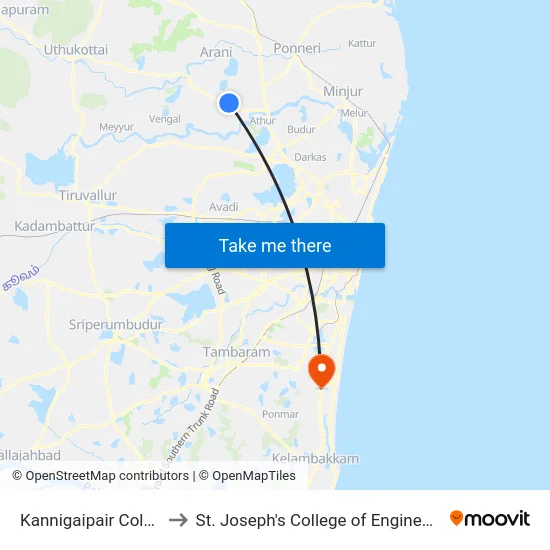 Kannigaipair Colony to St. Joseph's College of Engineering map