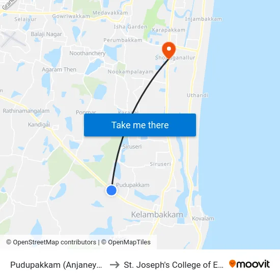 Pudupakkam (Anjaneyar Temple) to St. Joseph's College of Engineering map