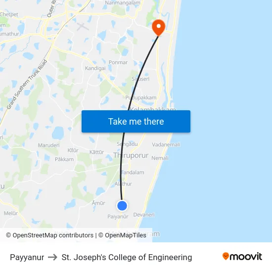 Payyanur to St. Joseph's College of Engineering map