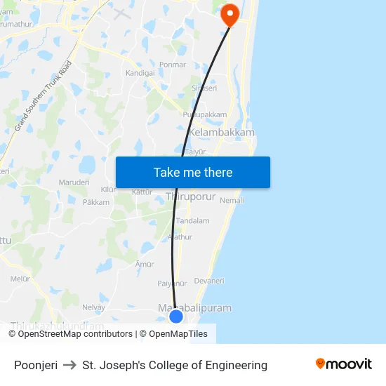 Poonjeri to St. Joseph's College of Engineering map