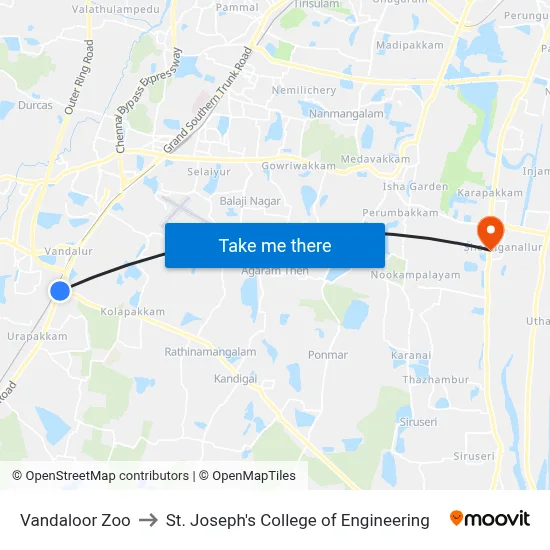 Vandaloor Zoo to St. Joseph's College of Engineering map