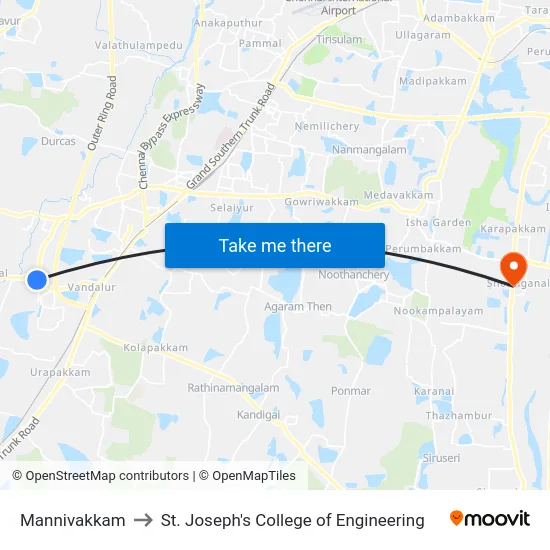 Mannivakkam to St. Joseph's College of Engineering map