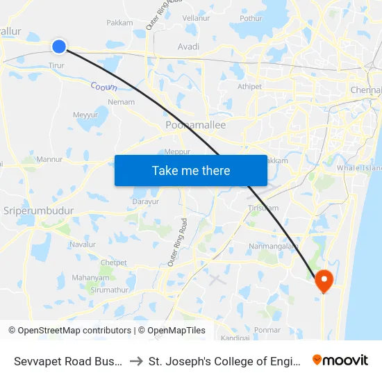 Sevvapet Road Bus Stop to St. Joseph's College of Engineering map