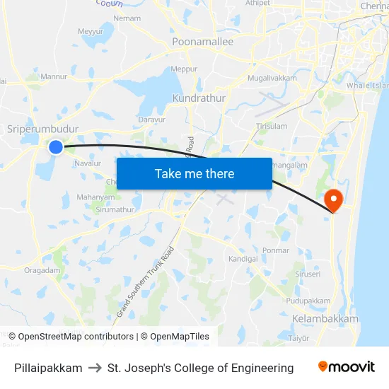 Pillaipakkam to St. Joseph's College of Engineering map