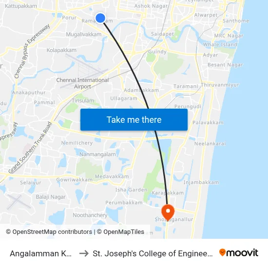 Angalamman Kovil to St. Joseph's College of Engineering map