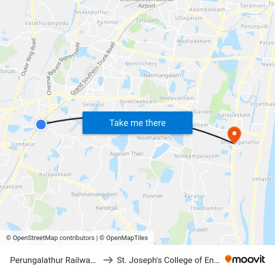 Perungalathur Railway Station to St. Joseph's College of Engineering map