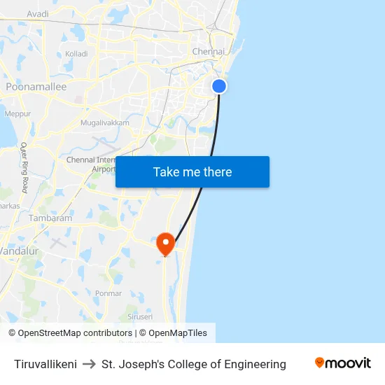 Tiruvallikeni to St. Joseph's College of Engineering map