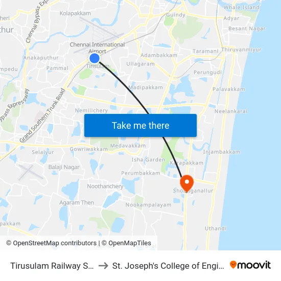 Tirusulam Railway Station to St. Joseph's College of Engineering map