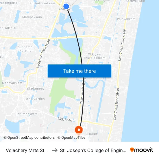 Velachery Mrts Station to St. Joseph's College of Engineering map
