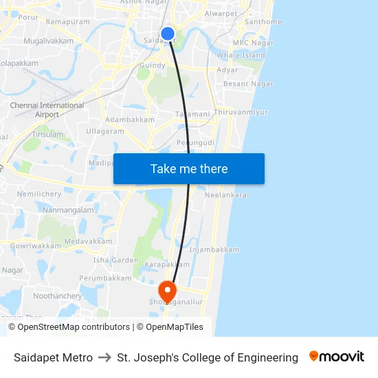 Saidapet Metro to St. Joseph's College of Engineering map