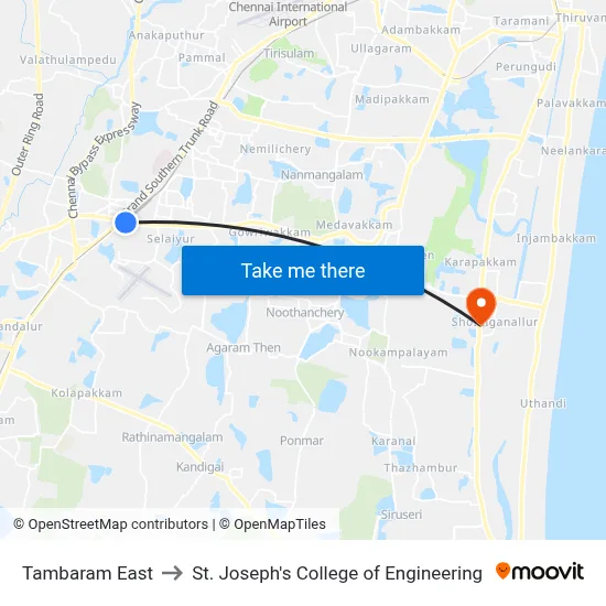 Tambaram East to St. Joseph's College of Engineering map