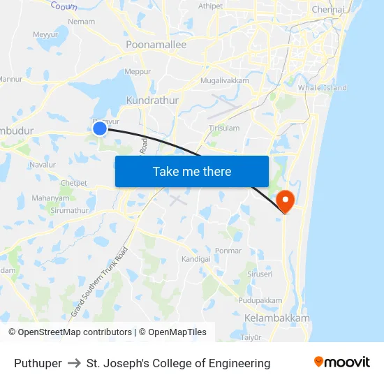 Puthuper to St. Joseph's College of Engineering map