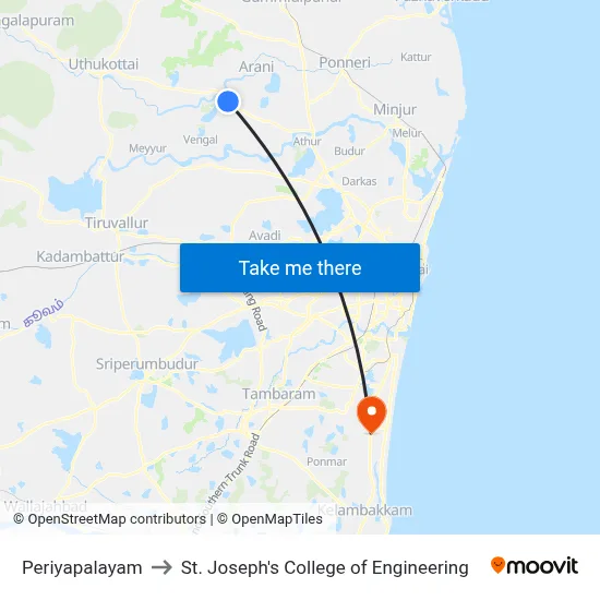 Periyapalayam to St. Joseph's College of Engineering map
