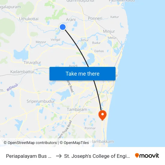 Periapalayam Bus Stand to St. Joseph's College of Engineering map