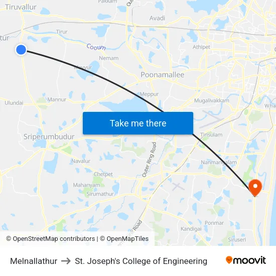 Melnallathur to St. Joseph's College of Engineering map