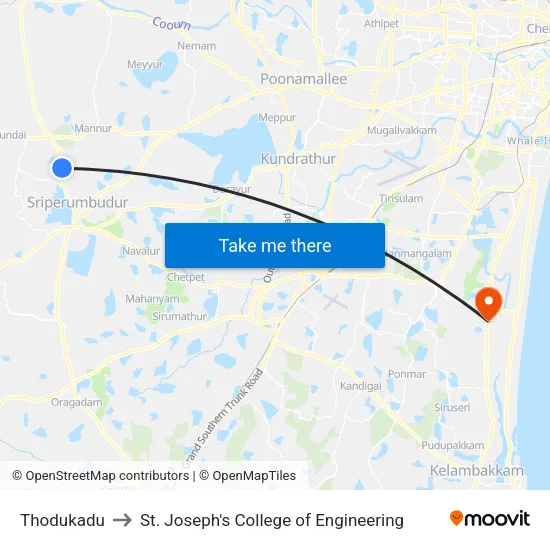Thodukadu to St. Joseph's College of Engineering map