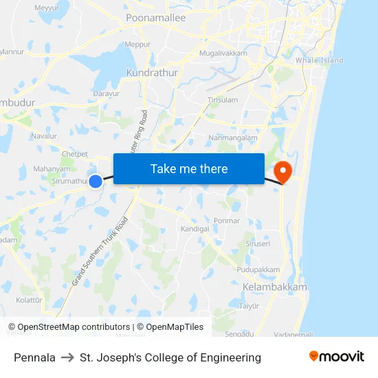 Pennala to St. Joseph's College of Engineering map