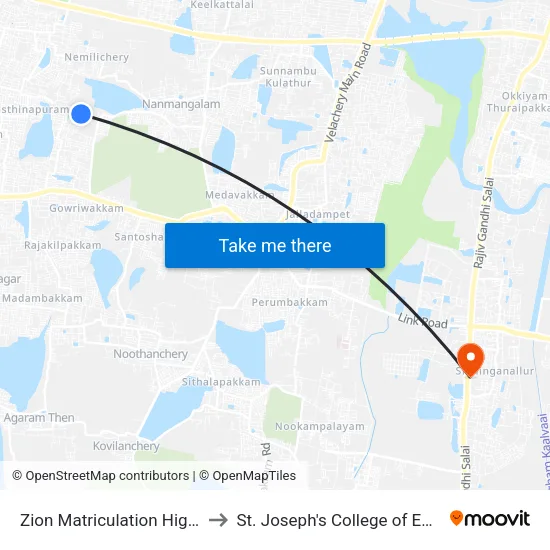 Zion Matriculation High School to St. Joseph's College of Engineering map