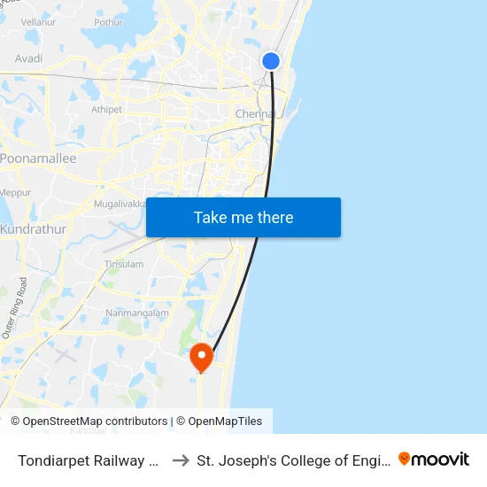 Tondiarpet Railway Station to St. Joseph's College of Engineering map