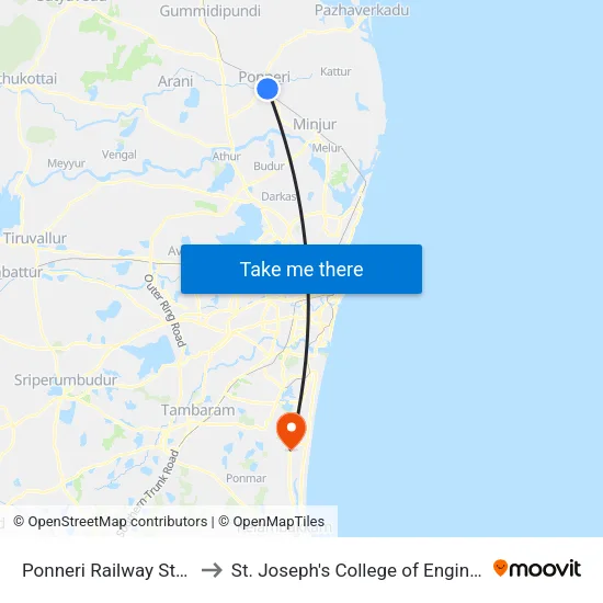 Ponneri Railway Station to St. Joseph's College of Engineering map