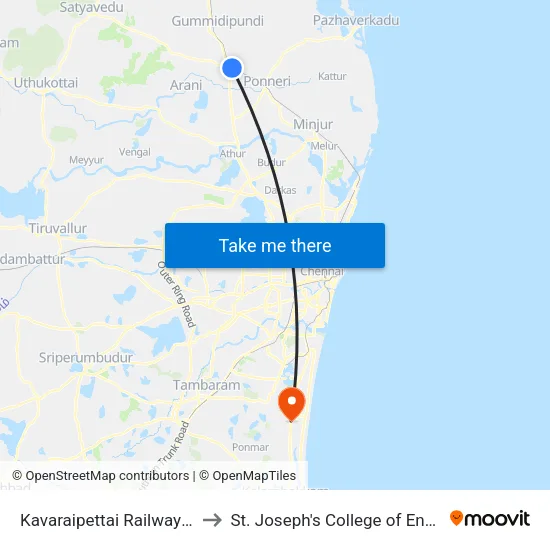 Kavaraipettai Railway Station to St. Joseph's College of Engineering map