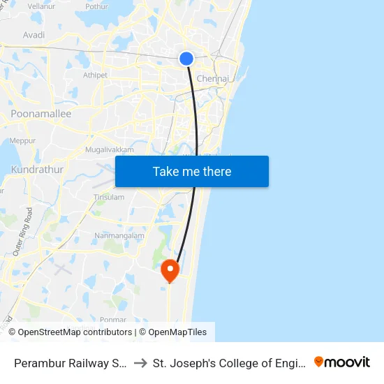 Perambur Railway Station to St. Joseph's College of Engineering map