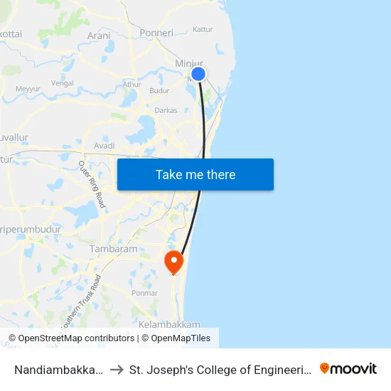 Nandiambakkam to St. Joseph's College of Engineering map