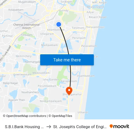 S.B.I.Bank Housing Board to St. Joseph's College of Engineering map
