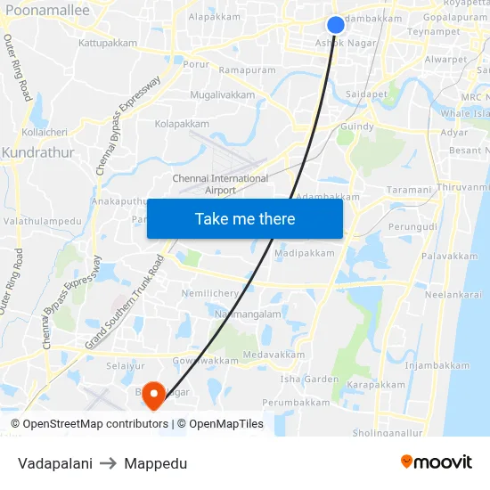 Vadapalani to Mappedu map