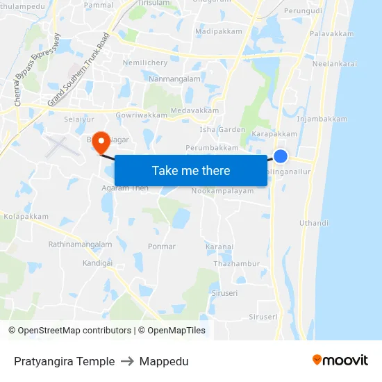 Pratyangira Temple to Mappedu map