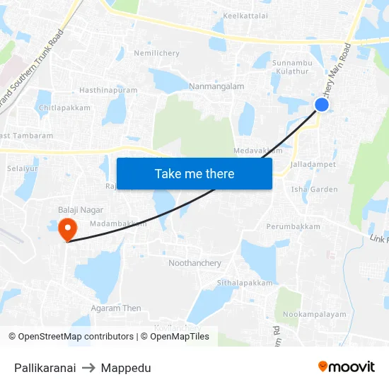 Pallikaranai to Mappedu map