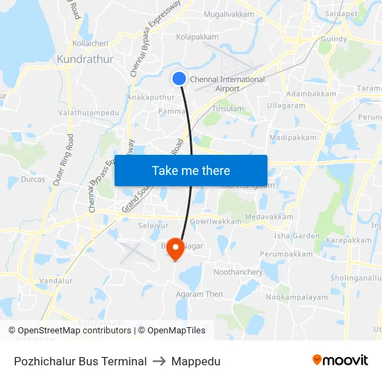 Pozhichalur Bus Terminal to Mappedu map