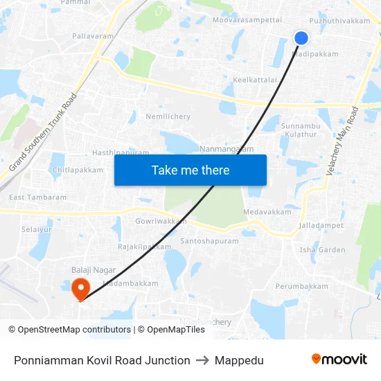 Ponniamman Kovil Road Junction to Mappedu map