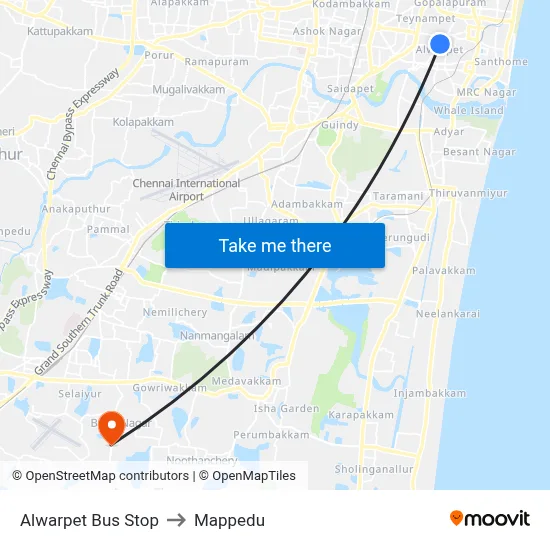 Alwarpet Bus Stop to Mappedu map