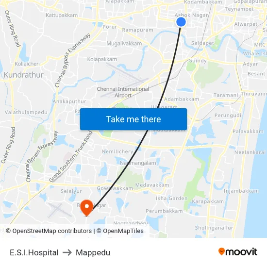 E.S.I.Hospital to Mappedu map