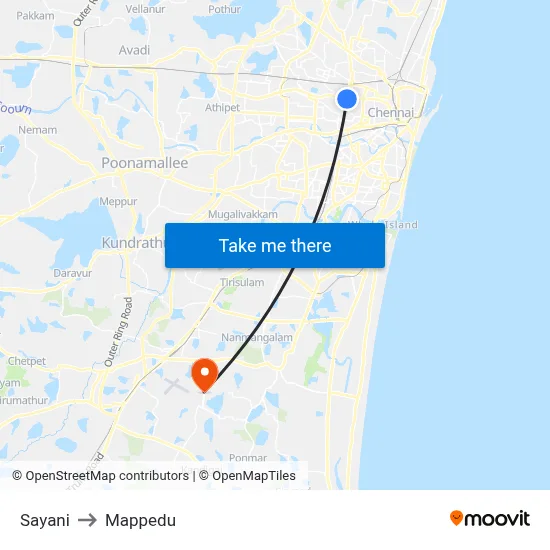Sayani to Mappedu map