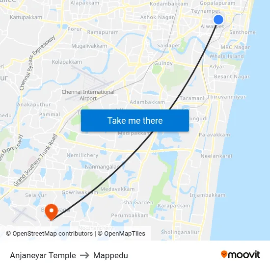 Anjaneyar Temple to Mappedu map