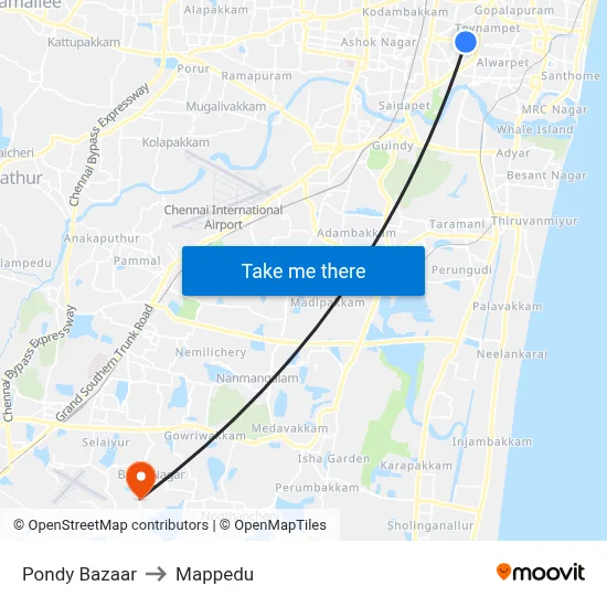 Pondy Bazaar to Mappedu map