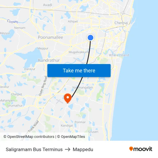 Saligramam Bus Terminus to Mappedu map