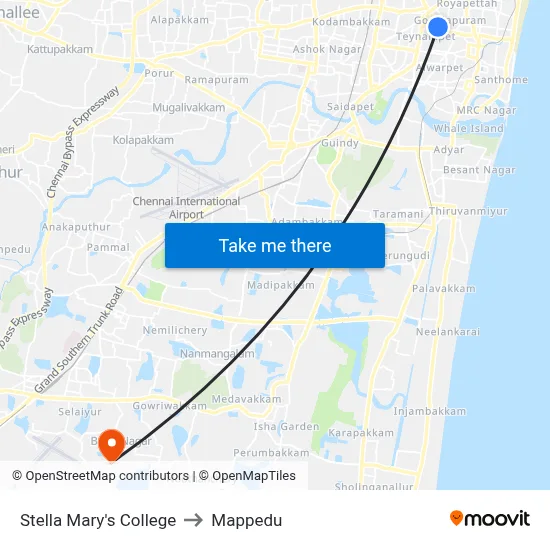 Stella Mary's College to Mappedu map