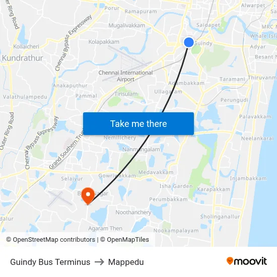 Guindy Bus Terminus to Mappedu map