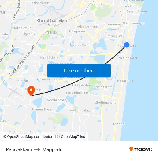 Palavakkam to Mappedu map