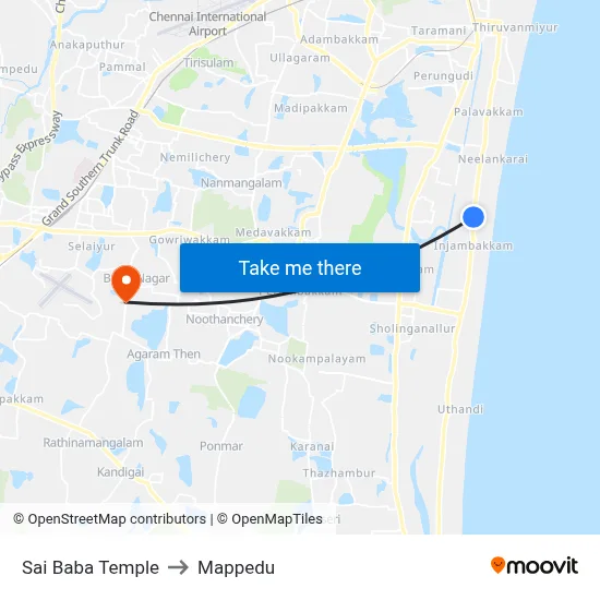 Sai Baba Temple to Mappedu map