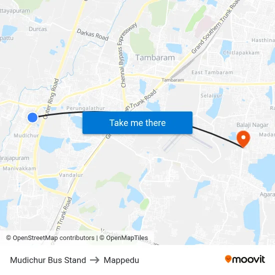 Mudichur Bus Stand to Mappedu map