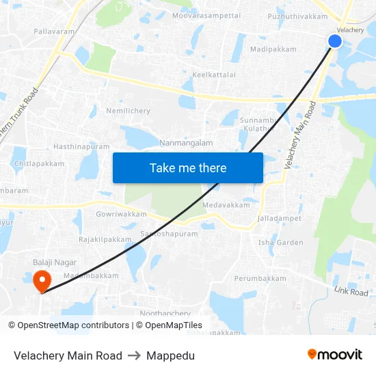 Velachery Main Road to Mappedu map