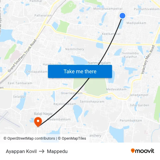 Ayappan Kovil to Mappedu map