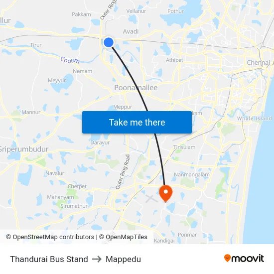 Thandurai Bus Stand to Mappedu map